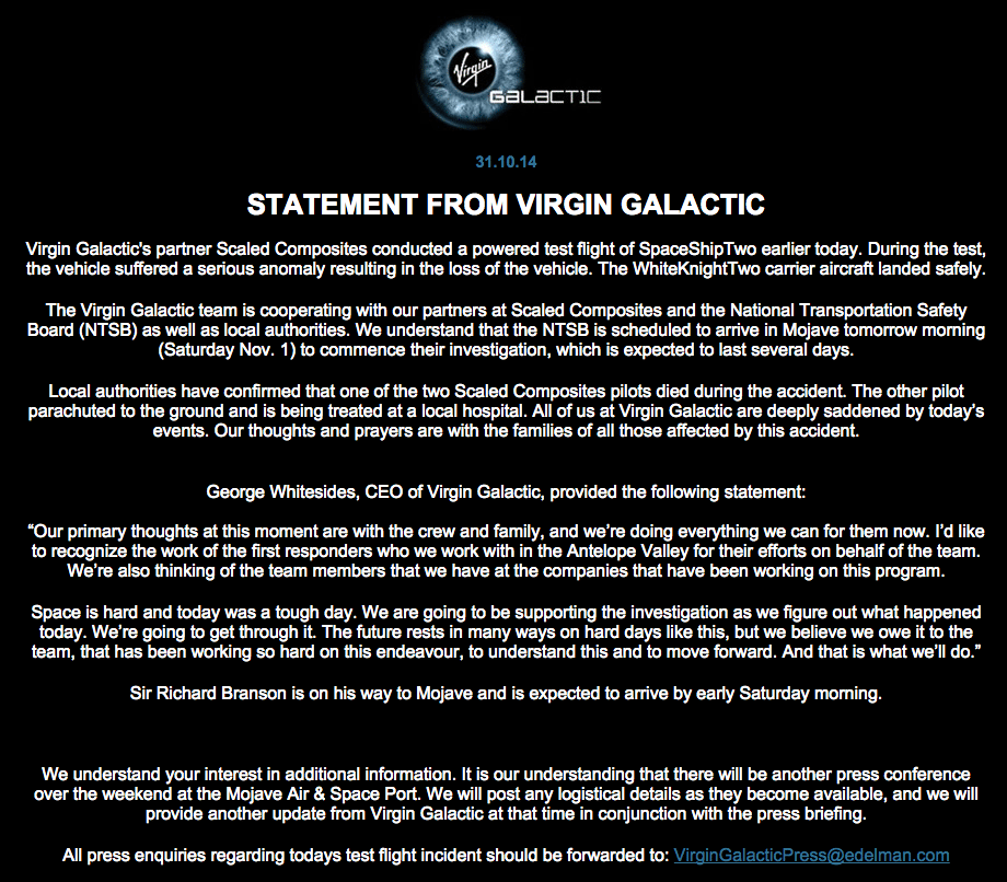 Virgin Galactic Website Statement